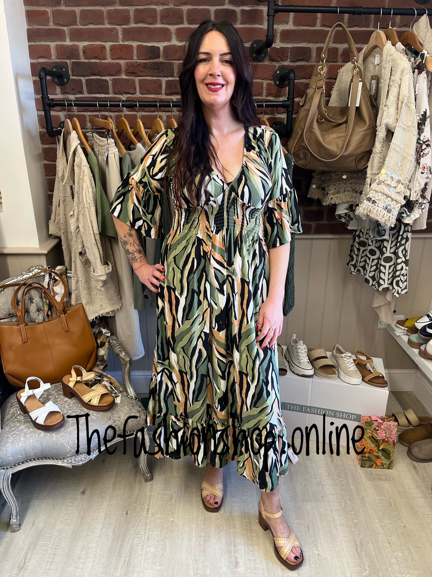 Nora khaki abstract print midi dress sizes 10-12, 14-16 and 18