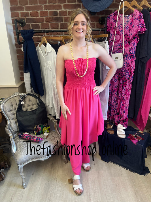 Hot pink halter neck shirred jumpsuit 8-16