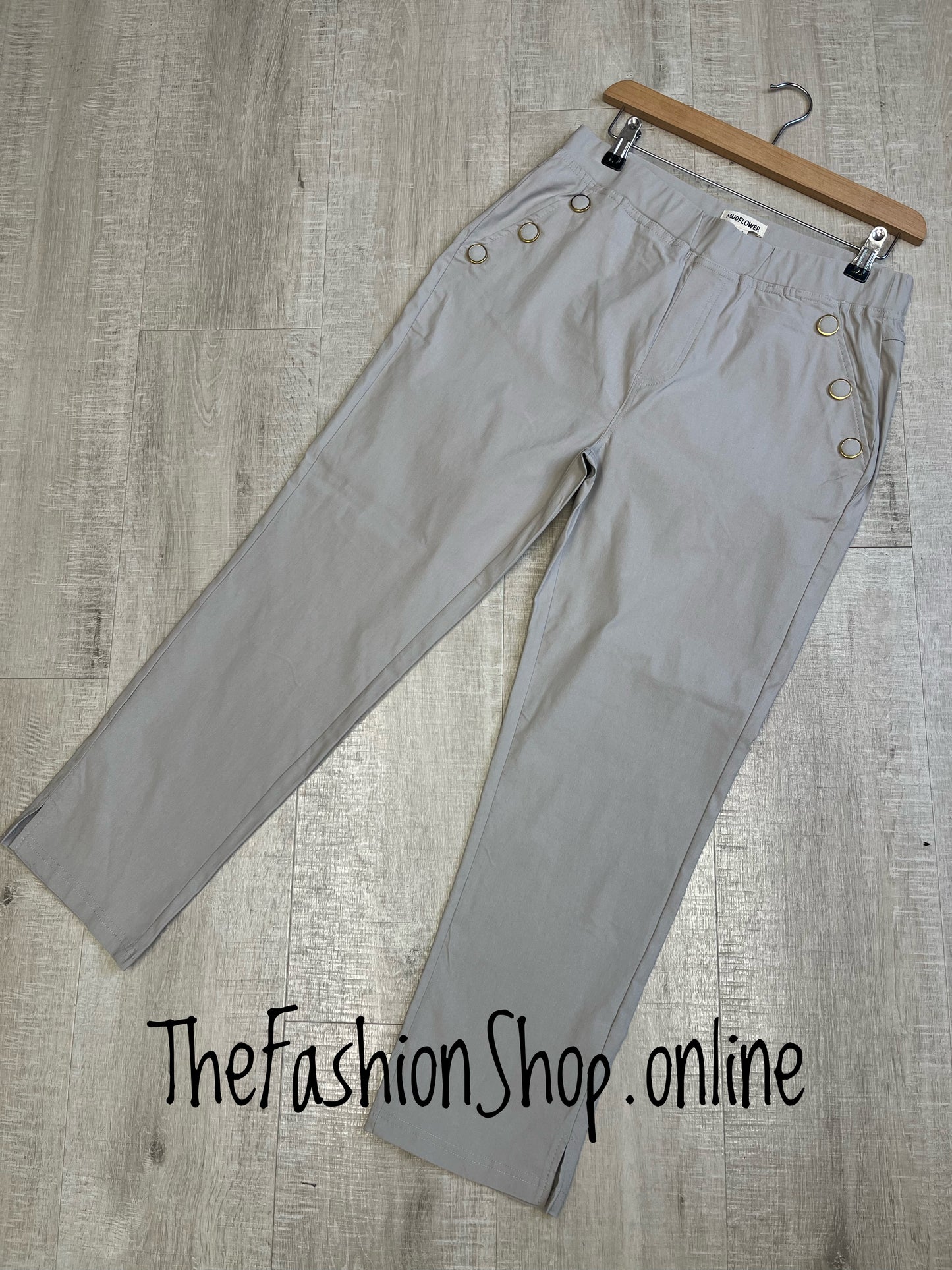 Kelsey beige cropped button trousers sizes 10-18