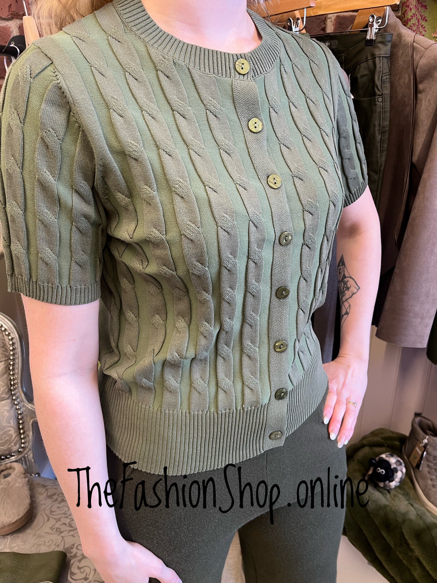 Jasmine khaki cable knit button top 8-16