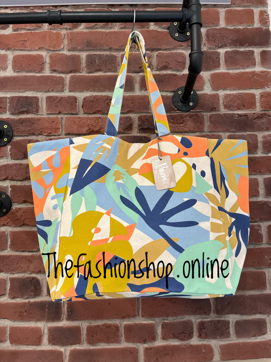 POM mustard and blue floral print canvas bag