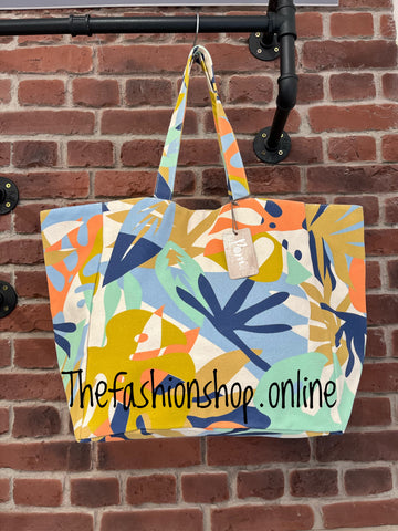 POM mustard and blue floral print canvas bag
