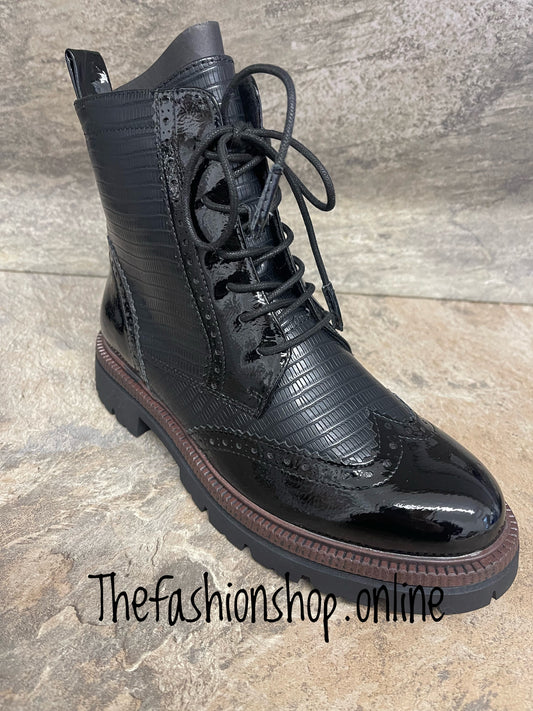 Marco Tozzi black ankle boot with patent brogue detail sizes 4-9