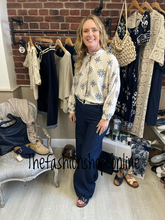Paige beige with navy tie front shirt 10-16