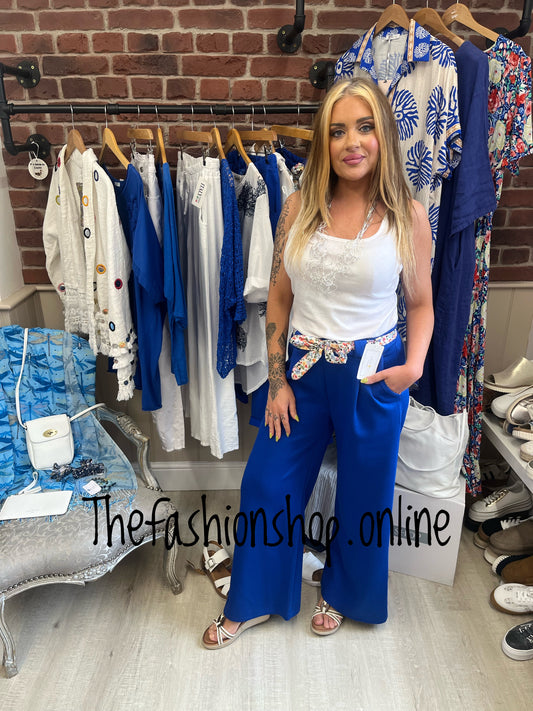 Bridget royal blue wide leg trousers with floral belt 8-12 and 14-16