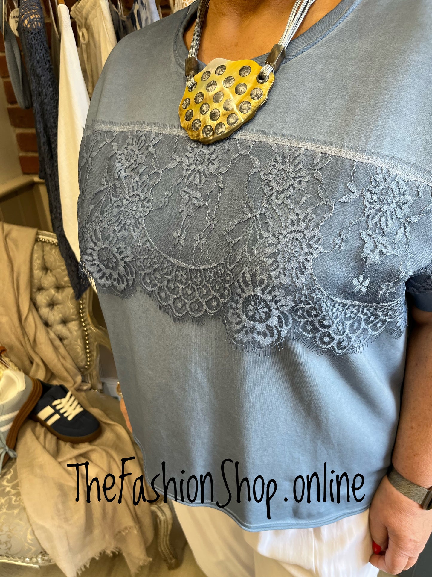 Amber denim blue lace detail top 14-20