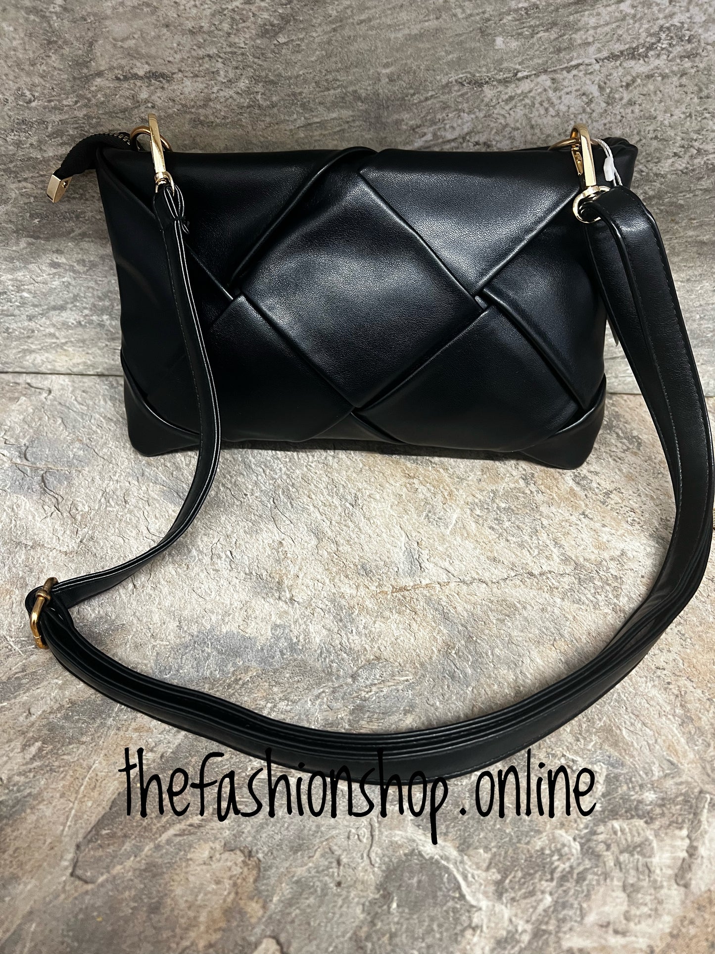 Black quilted woven bag with chain strap