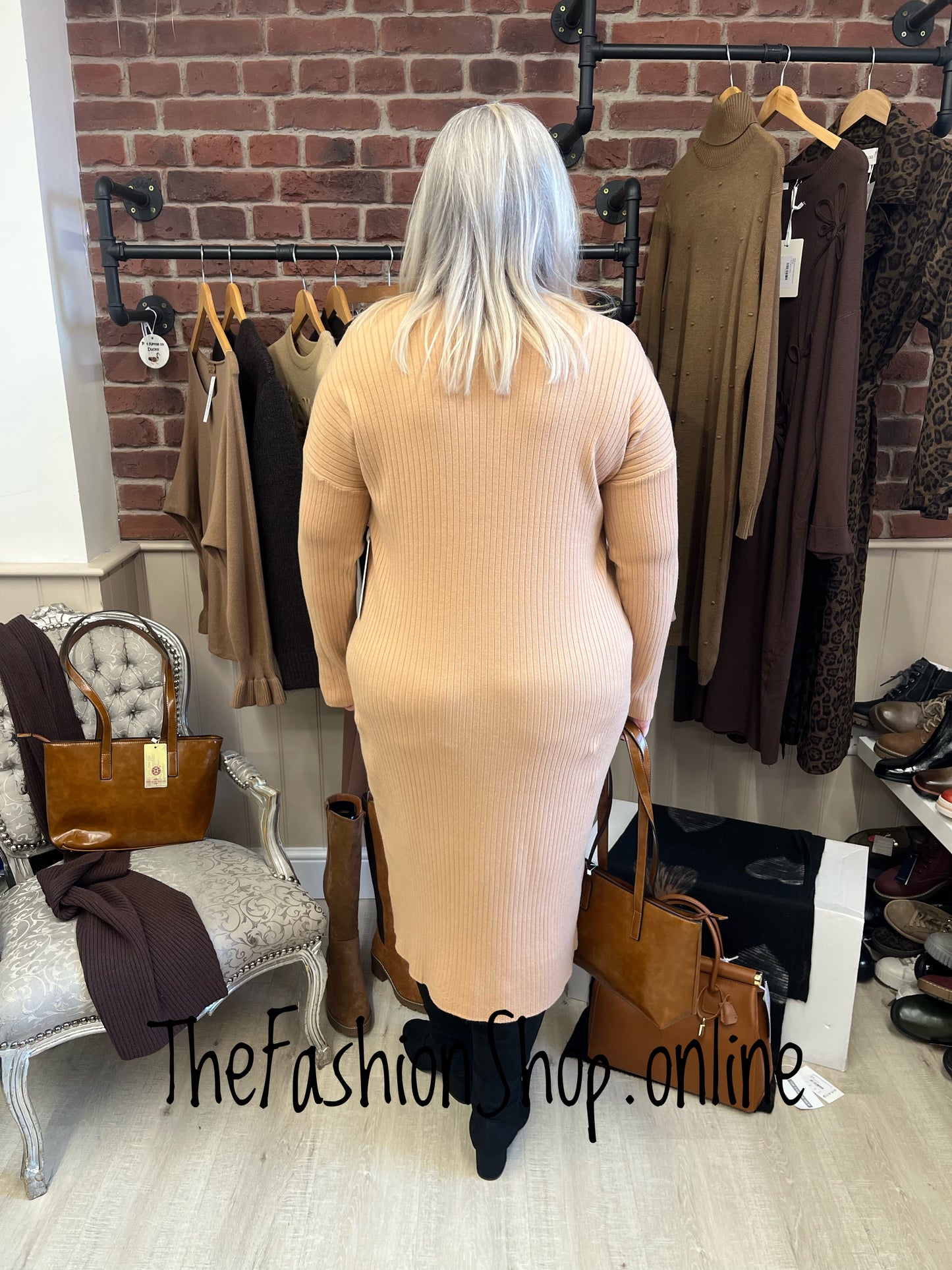 Violet camel V neck ribbed dress 14-18