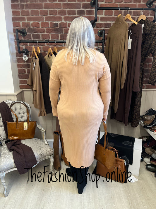 Violet camel V neck ribbed dress 14-18