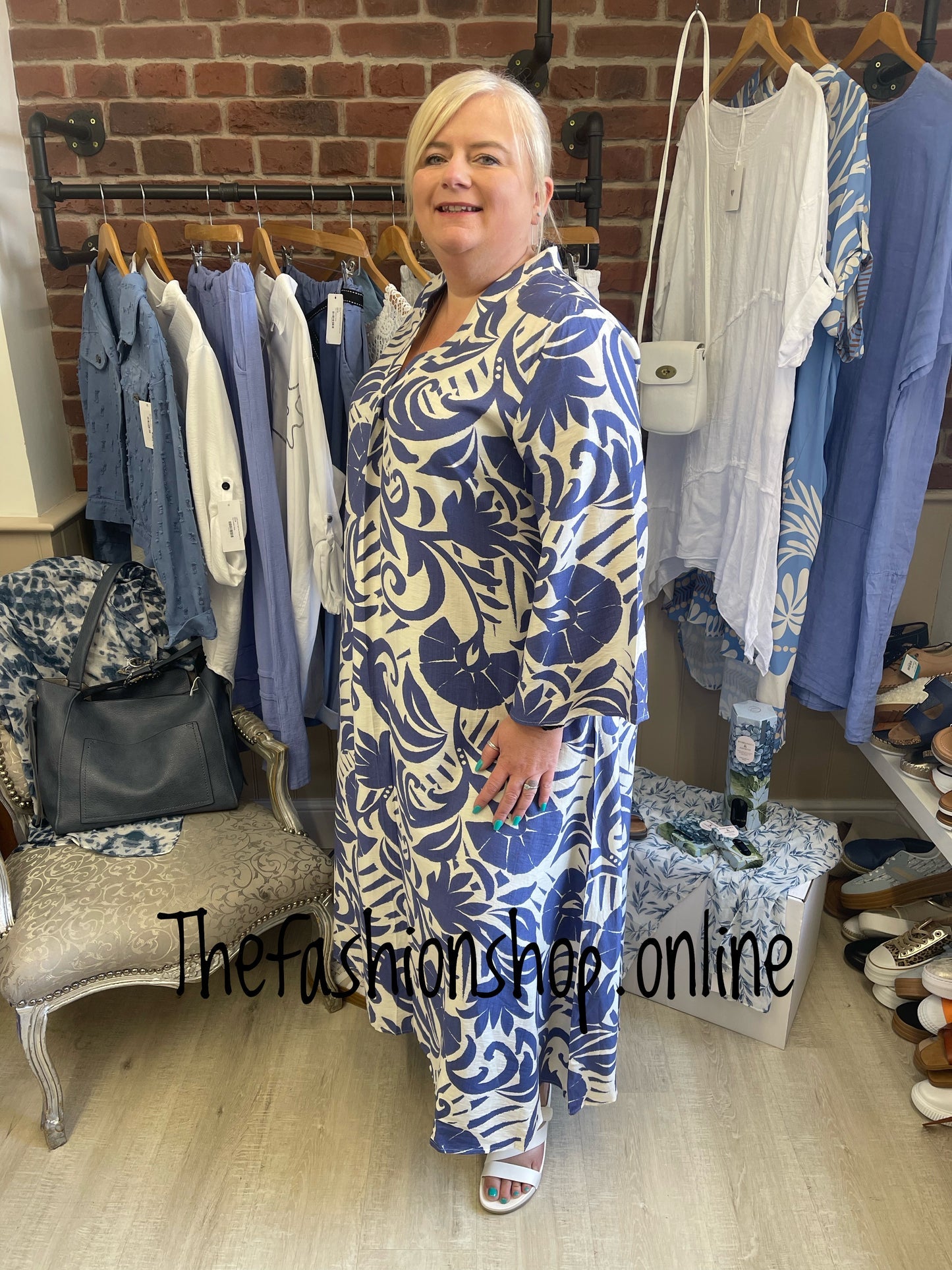 Gemma denim blue and cream v neck tunic dress 14-20