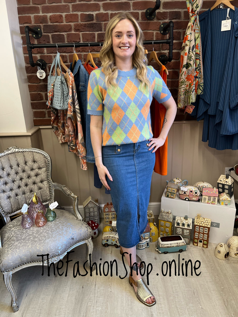 Orla blue, orange and green argyle knitted top 8-14