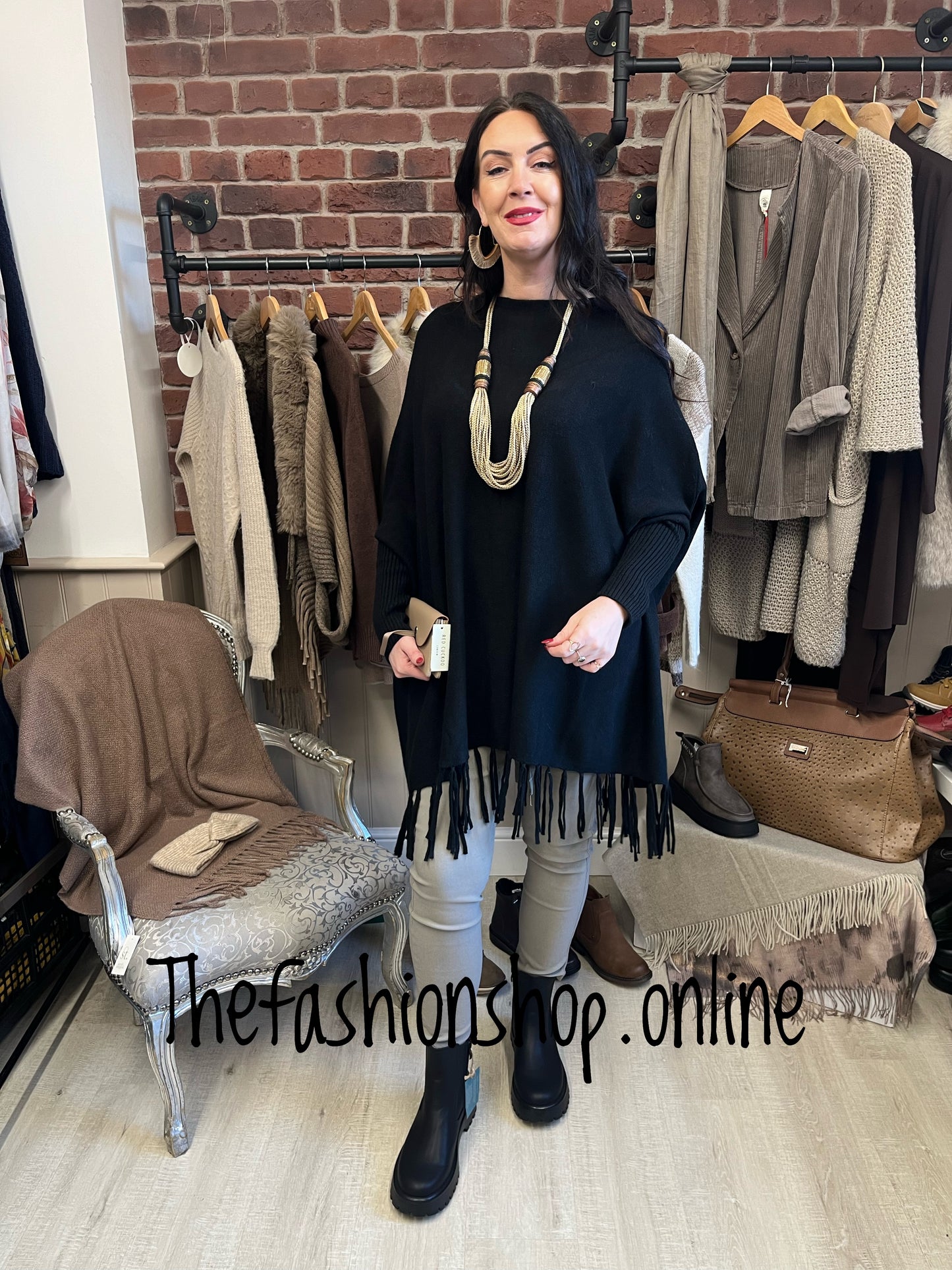 Black tassel poncho with sleeves 12-26