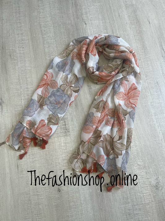 Peach and mocha floral tassel scarf