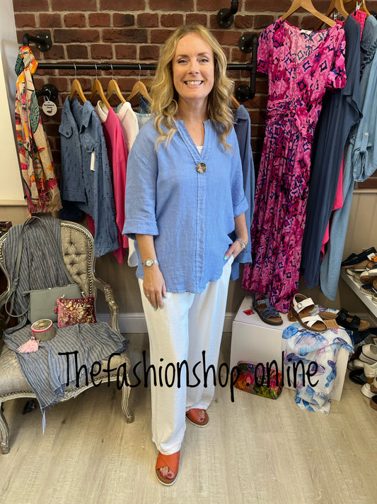 Saffron denim blue linen button top 10-16