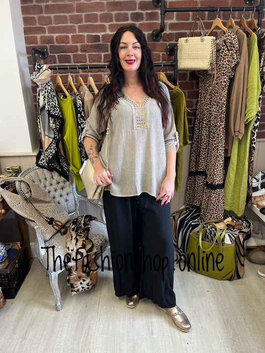Zoe mocha linen mix studded top 12-20