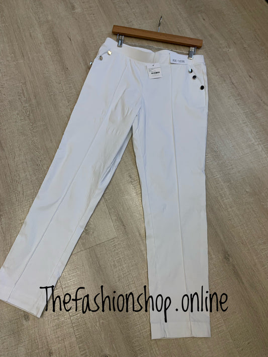 White stretchy sized trousers with button detail sizes 10-22