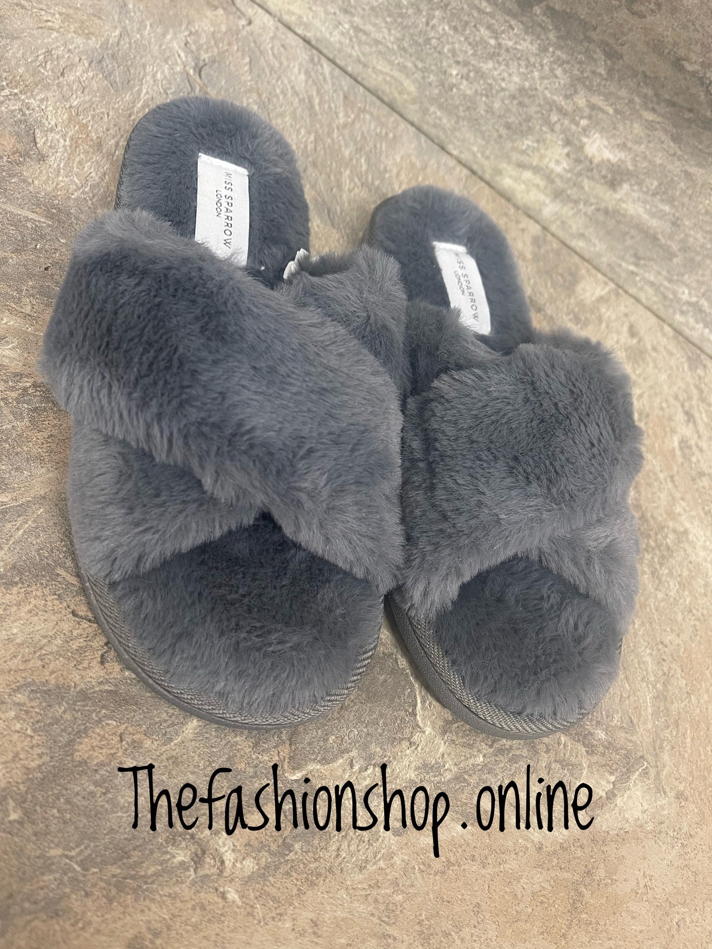 Miss Sparrow charcoal faux fur cross over slippers