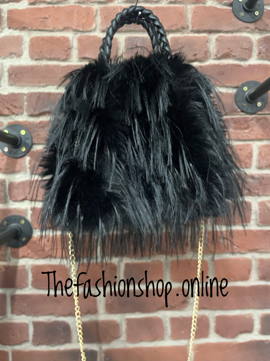 Black faux fur shaggy tote bag