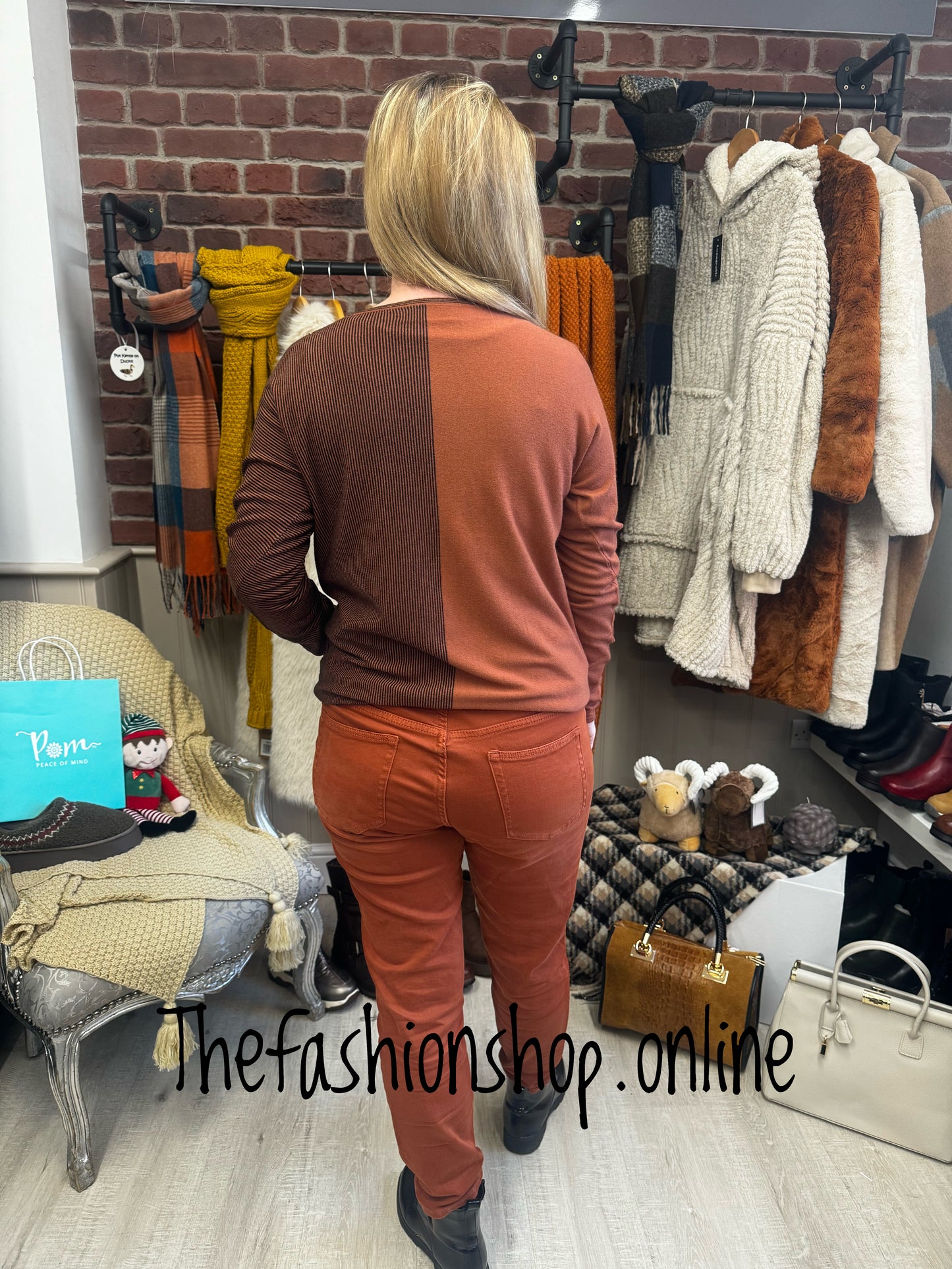 Rust plain and striped angora mix knitted jumper 8-10, 12-14