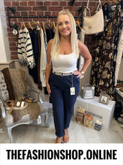 Cally navy stretchy trousers with belt 8-16