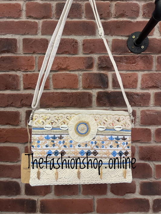 Blue and cream embroidered boho bag