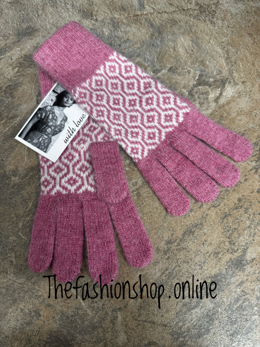 Pink honeycomb wool mix gloves