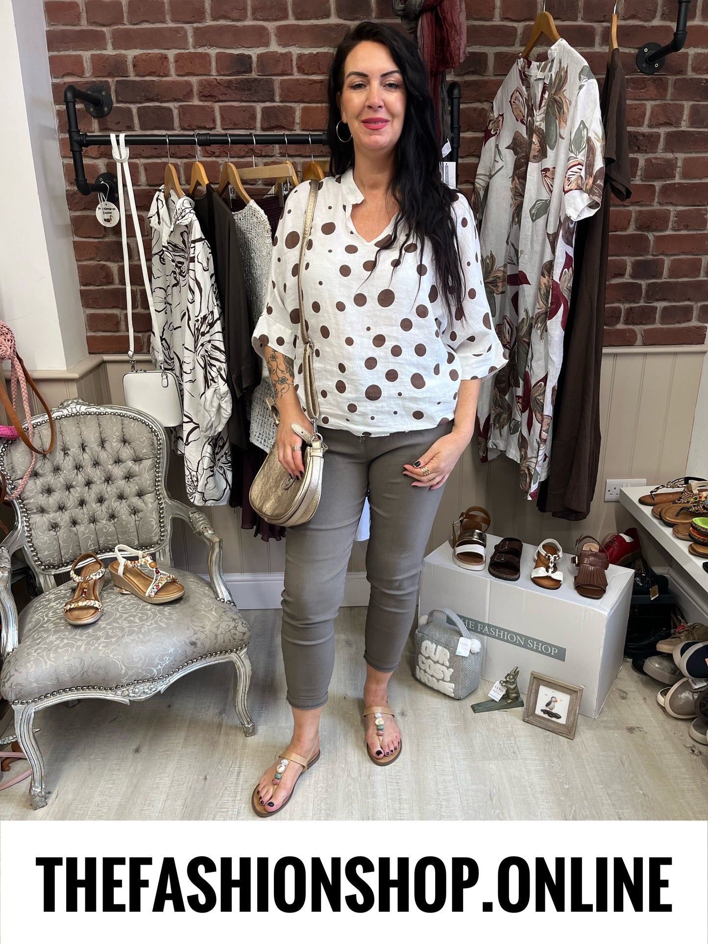 Melinda white and brown spot linen top 10-14