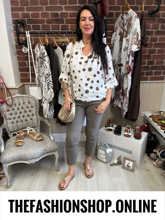 Melinda white and brown spot linen top 10-14
