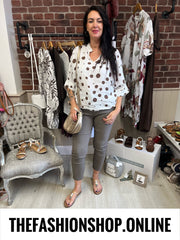 Melinda white and brown spot linen top 10-14