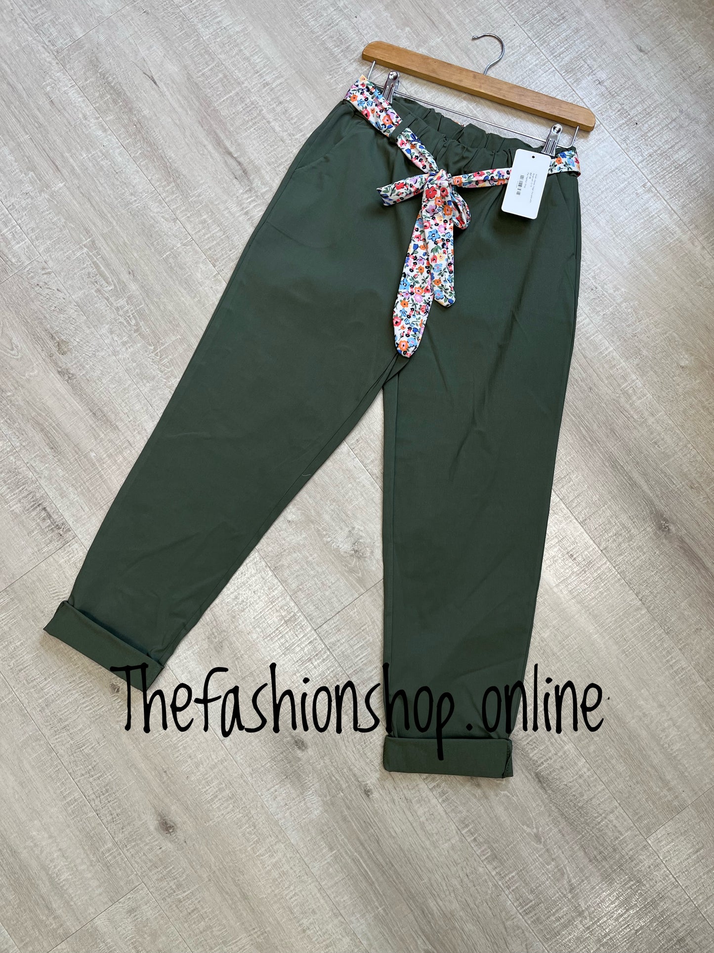 Khaki classic magic trousers with floral belt 10-16 and 18-22