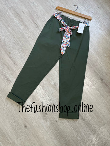 Khaki classic magic trousers with floral belt 10-16 and 18-22