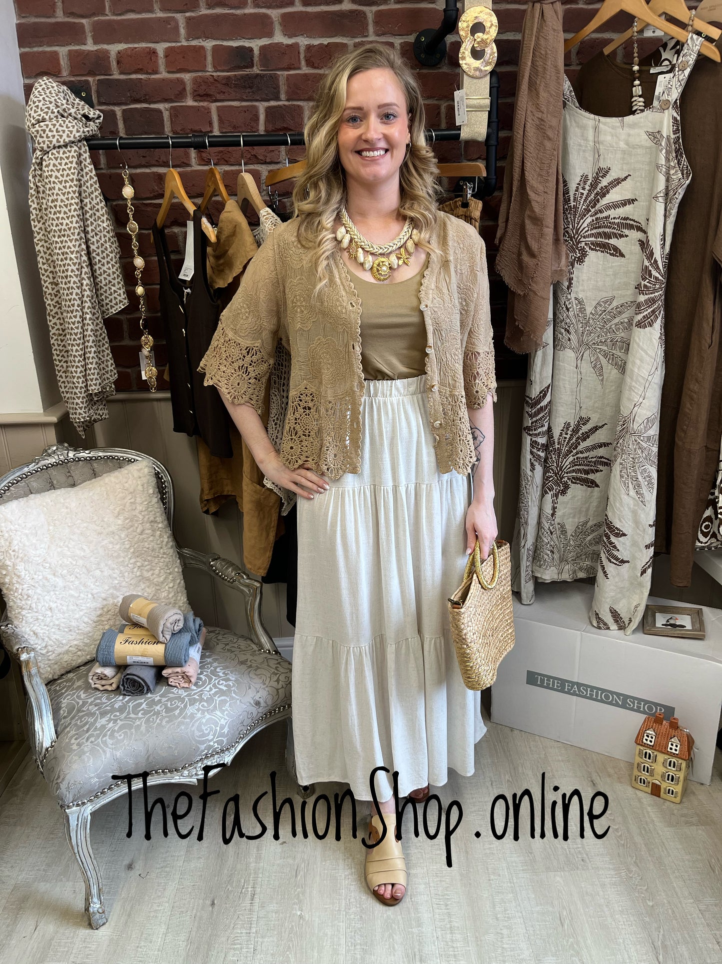 Rosa beige linen mix tiered skirt 8-14