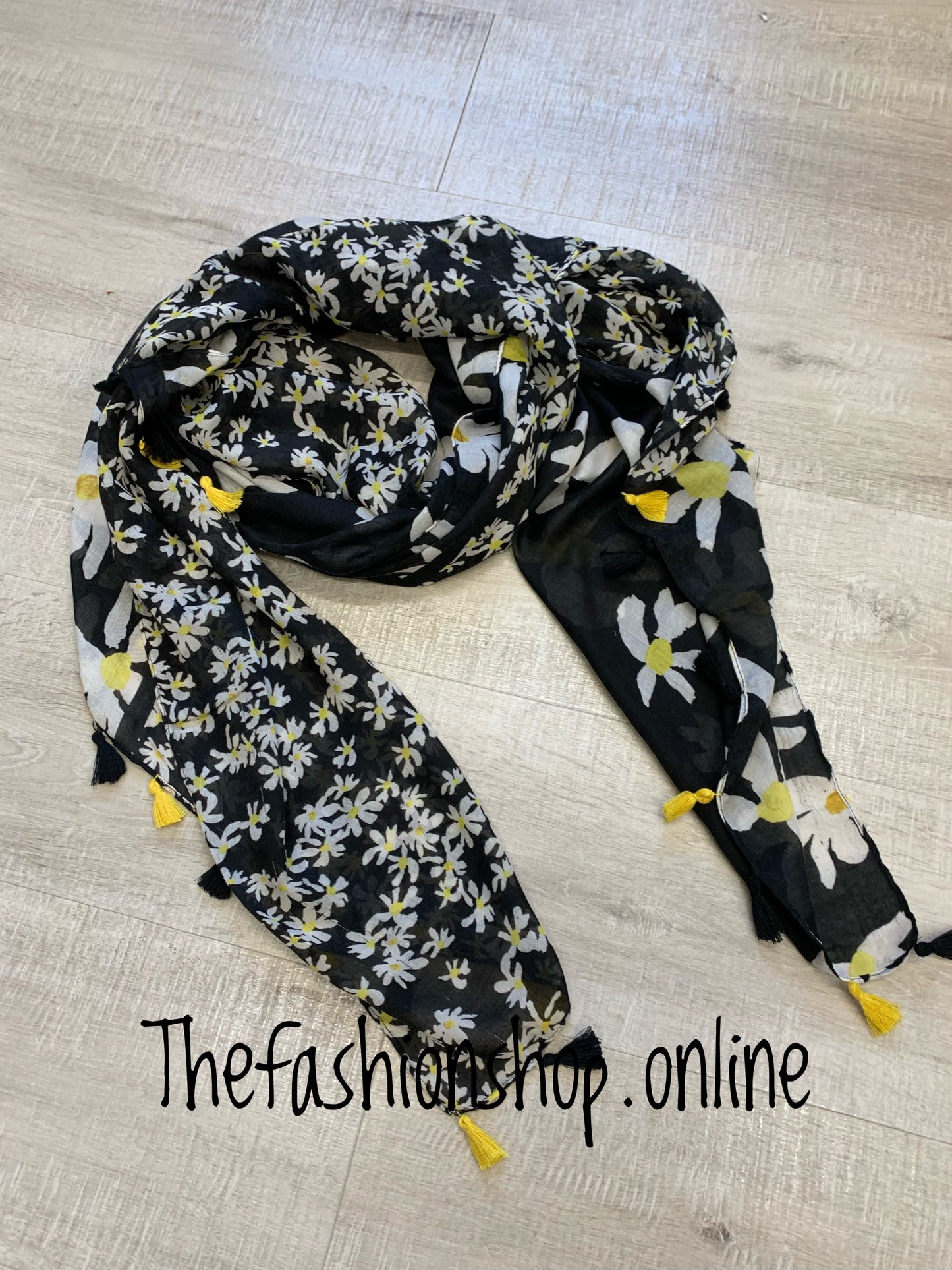 Black and yellow daisy tassel scarf