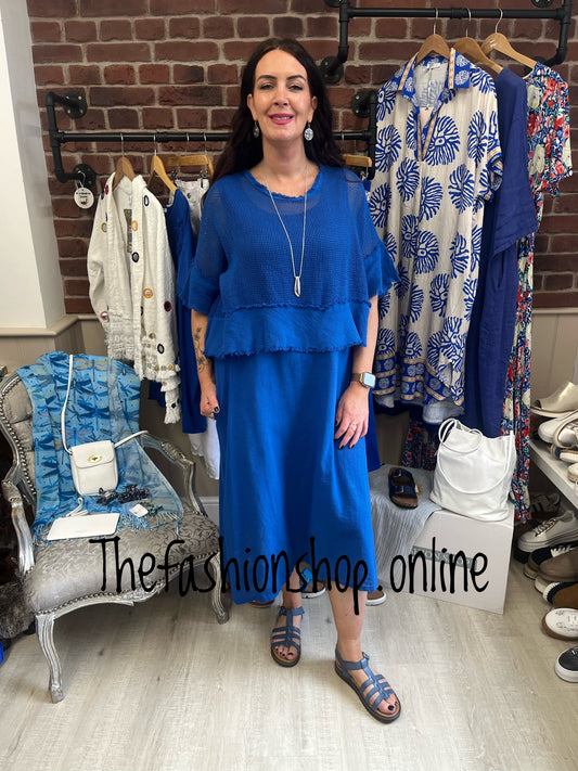 Mia royal blue cotton dress with mesh overlay 8-18