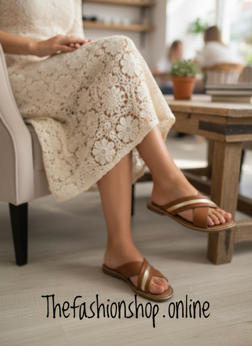 Anthena tan and gold leather mules sizes 3-8 (36-41)