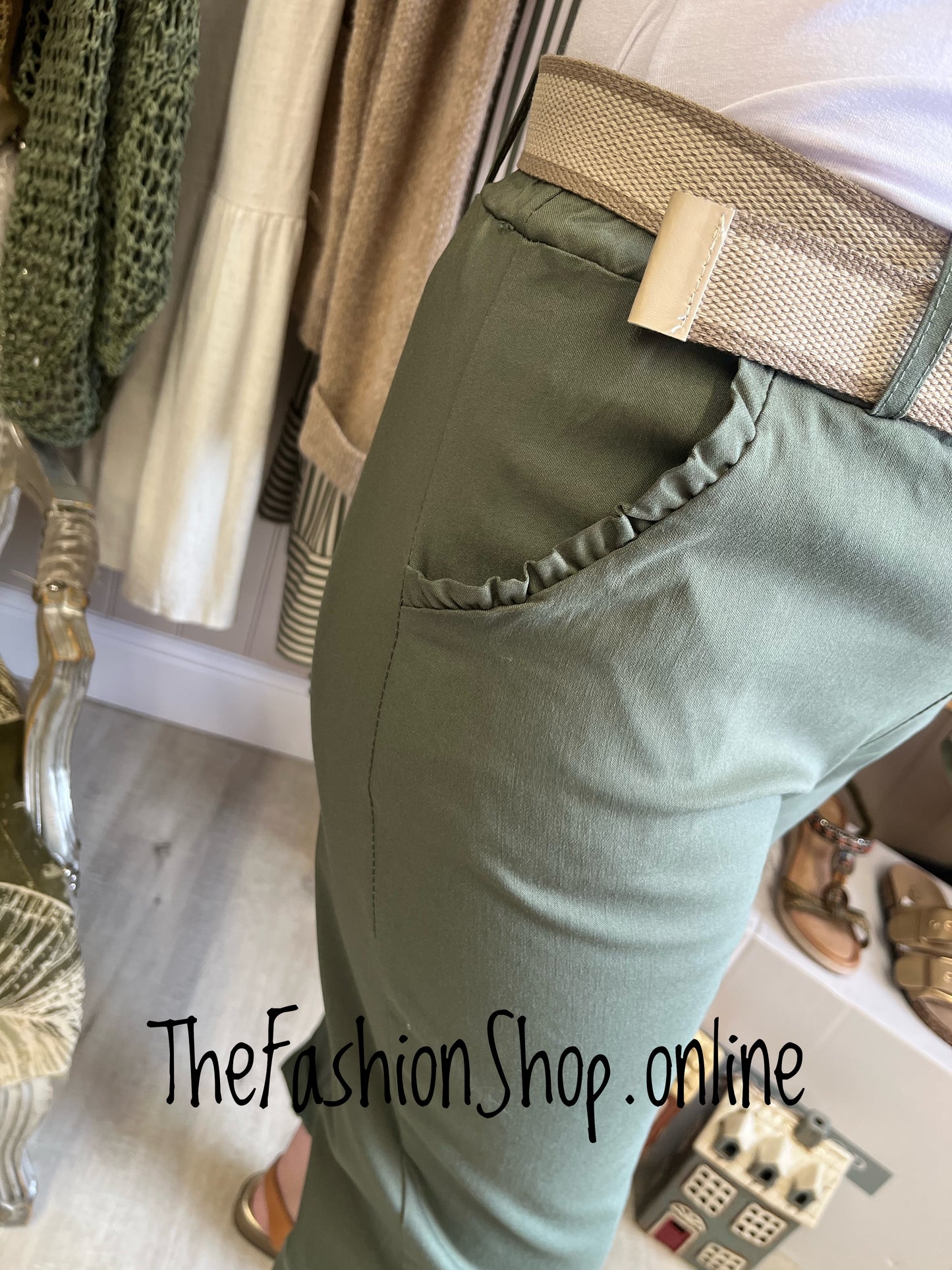 Cally khaki stretchy trousers with belt 8-16