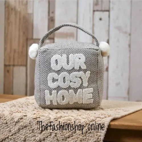 Cosy Home Door Stop in Grey Herringbone Fabric with Cute Pom Poms