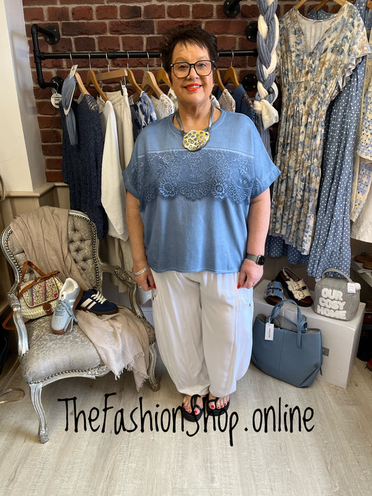 Amber denim blue lace detail top 14-20