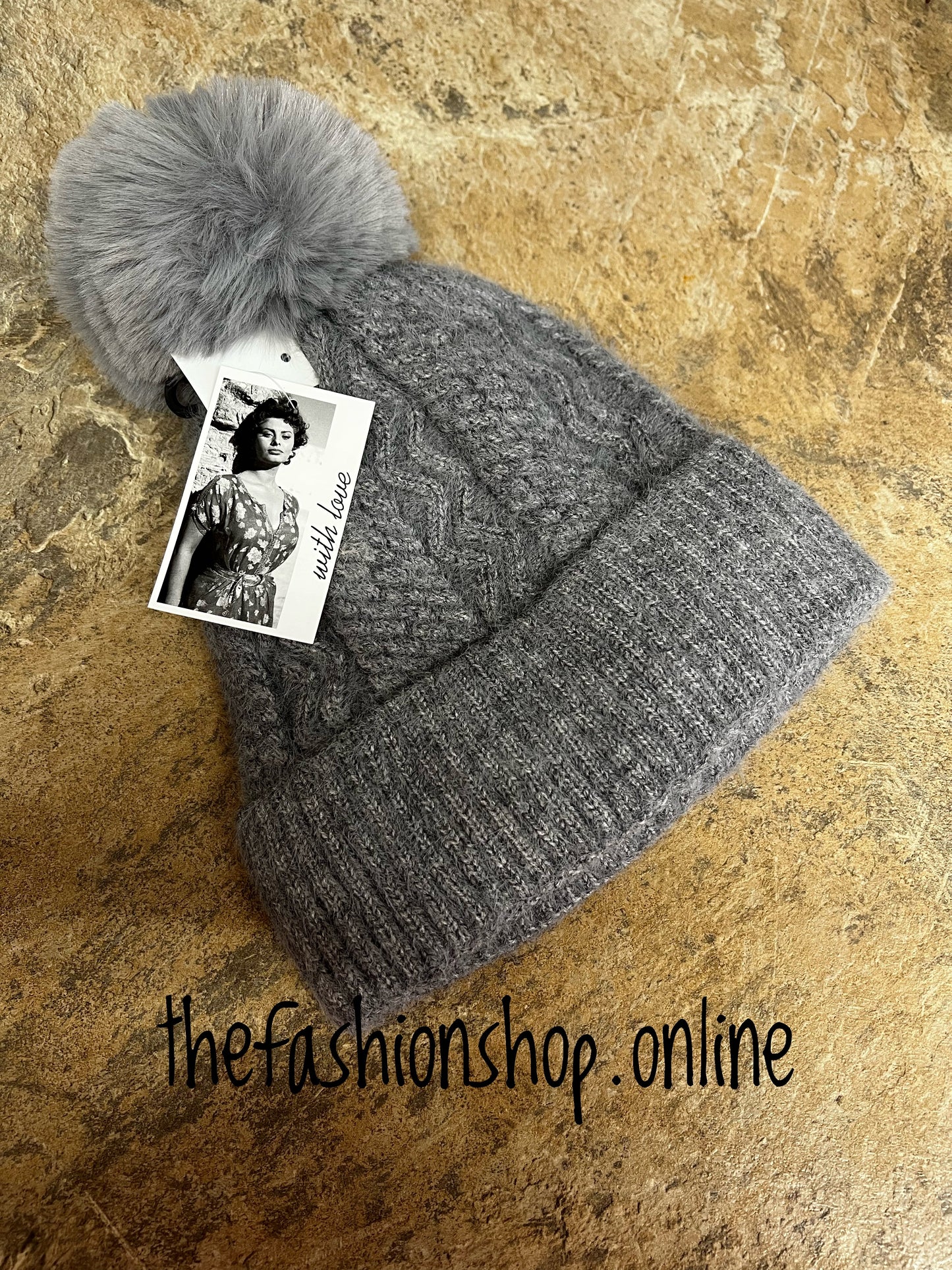 Grey cable knit pompom hat