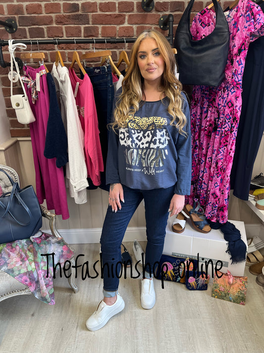 Charlotte navy animal print top 10-16