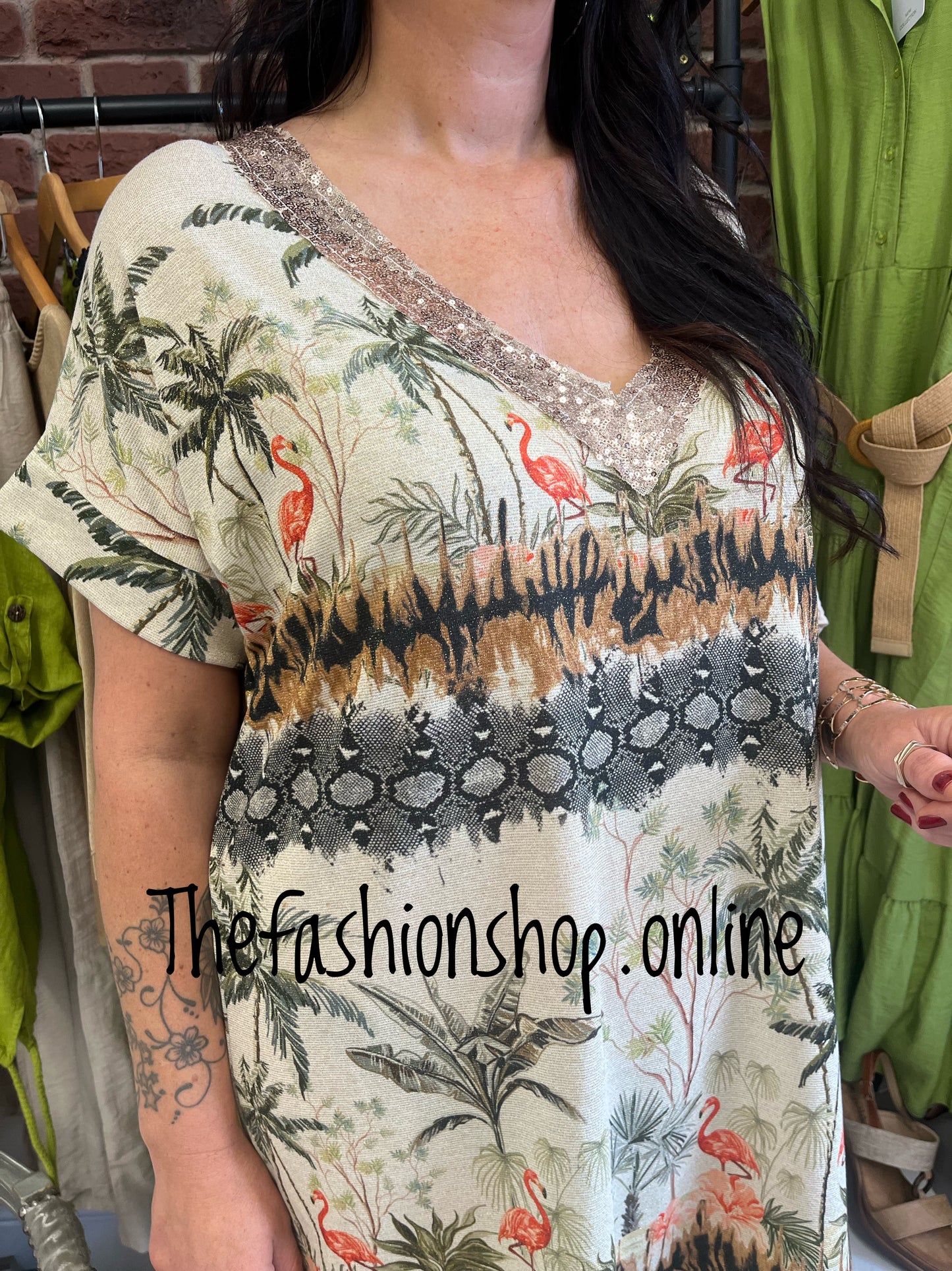 Millie flamingo shimmer tunic dress 10-18