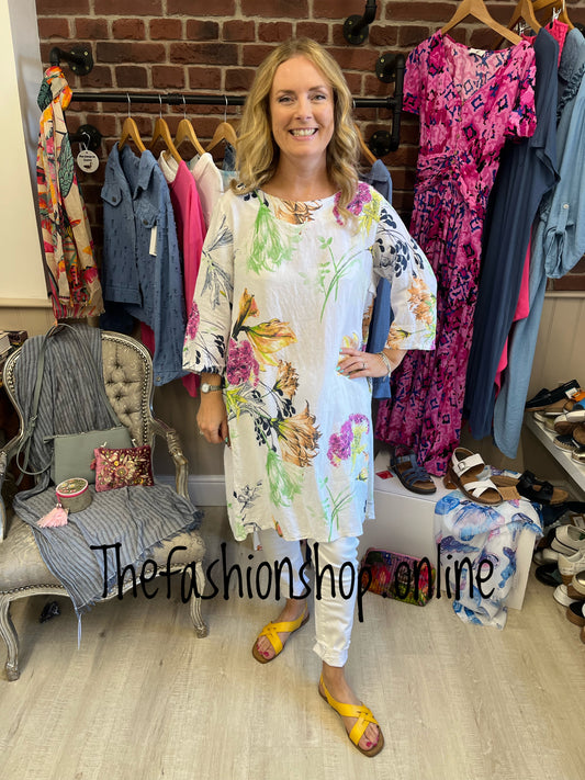 Floral linen mix tunic dress 12-16