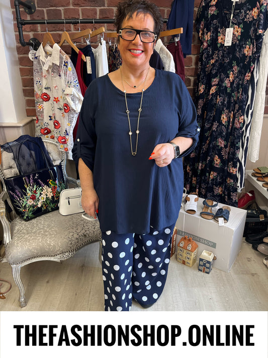 Charlie navy spot wide leg trousers 14-24