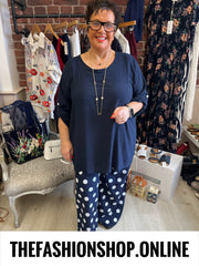 Charlie navy spot wide leg trousers 14-24