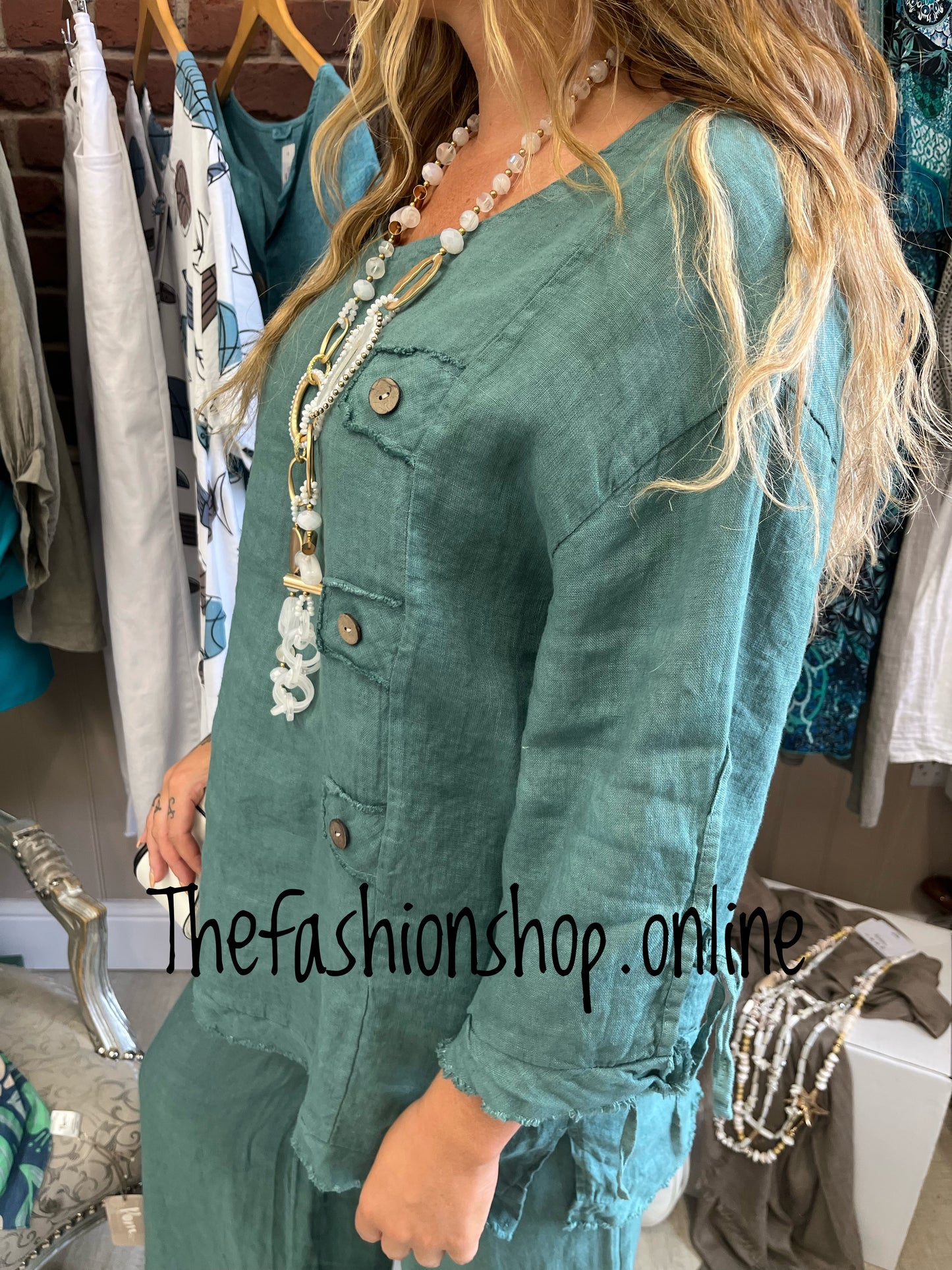 Demi teal linen raw edge top 8-14