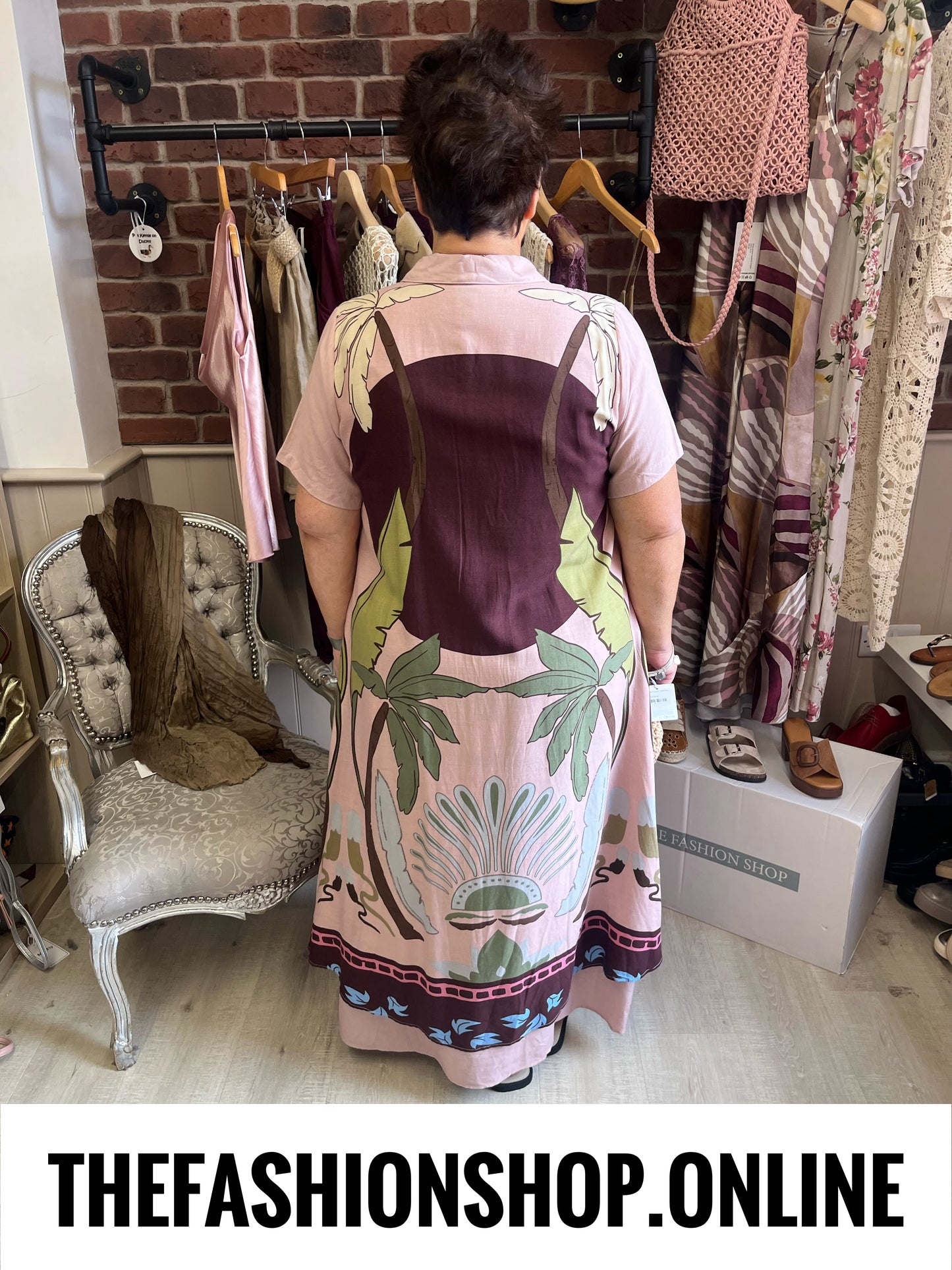 Fly Out Scenic Palm Tree Linen Mix Dress / Jacket in Pink 12-18