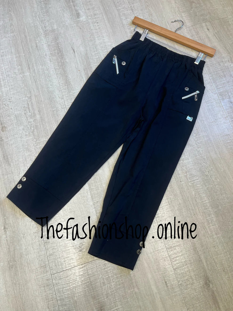 Cherry Berry black stretchy button detail cropped trousers sizes 10-24