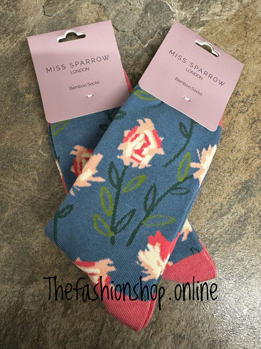 Miss Sparrow Denim Abstract Floral Bamboo socks 3-7