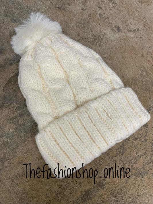 Cream cable fleece lined pompom hat