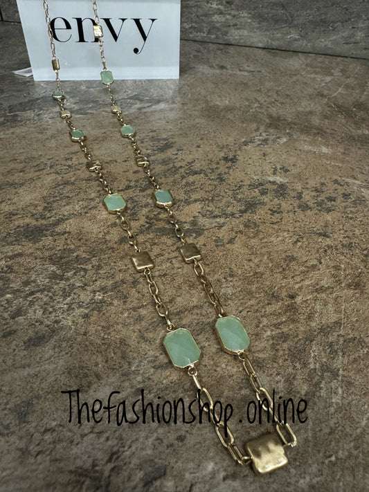 Envy gold squares with green stones necklace